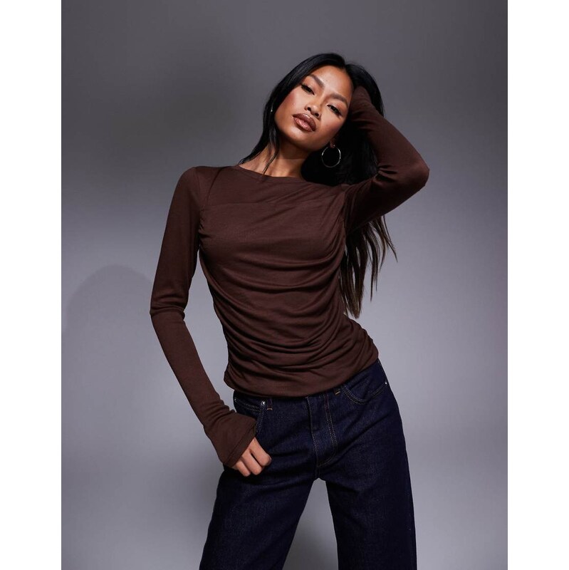 ASOS DESIGN soft jersey drape long sleeve top in chocolate-Grey