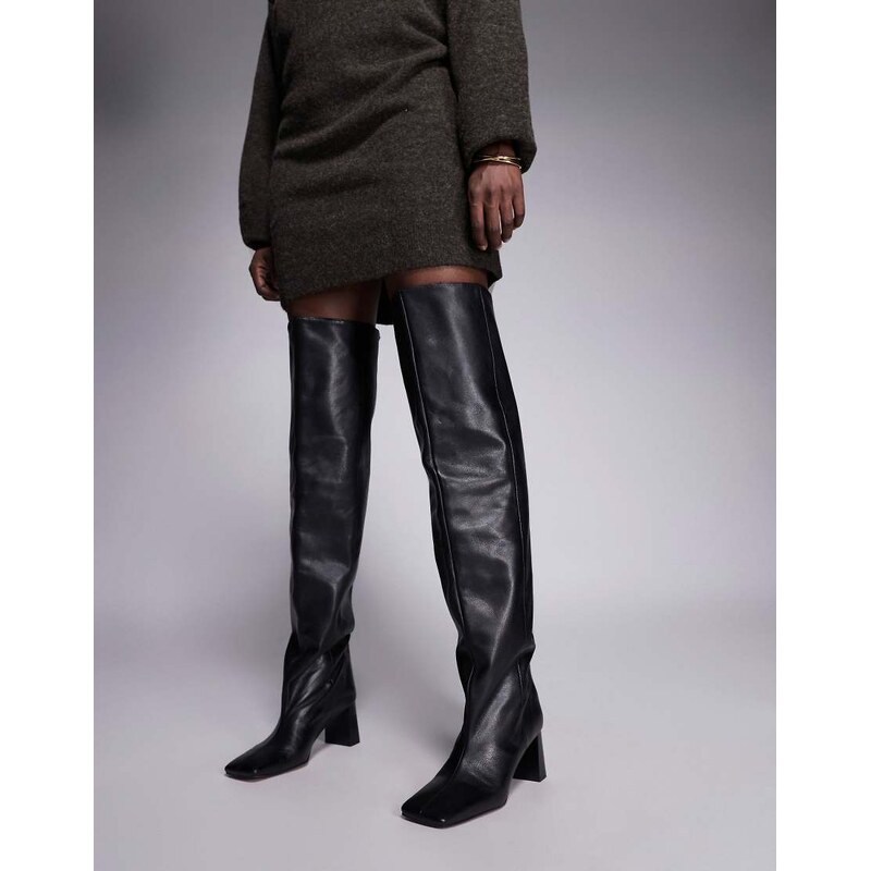 ASOS DESIGN Kane square toe slouchy over the knee boots in black leather