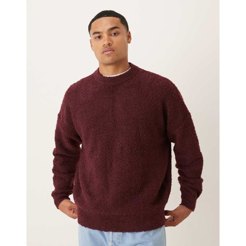 ASOS DESIGN super oversized knitted boucle jumper in burgundy-Red