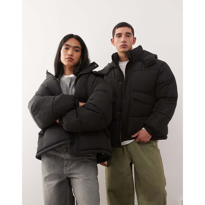 COLLUSION Unisex puffer jacket with hood in black