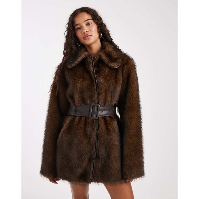 Miss Selfridge collar belted mid length faux fur coat in brown