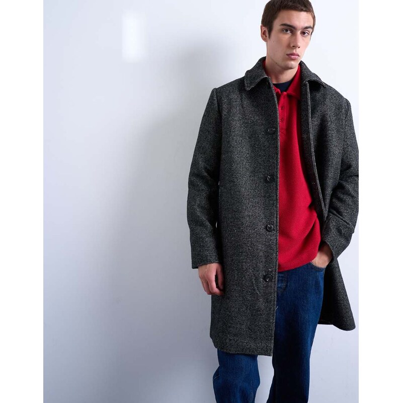 Topman herringbone wool blend overcoat in black