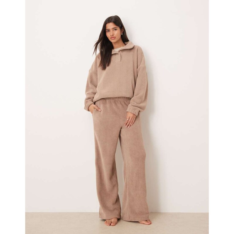 ASOS DESIGN lounge microfleece wide leg trouser in taupe-Grey 109602003