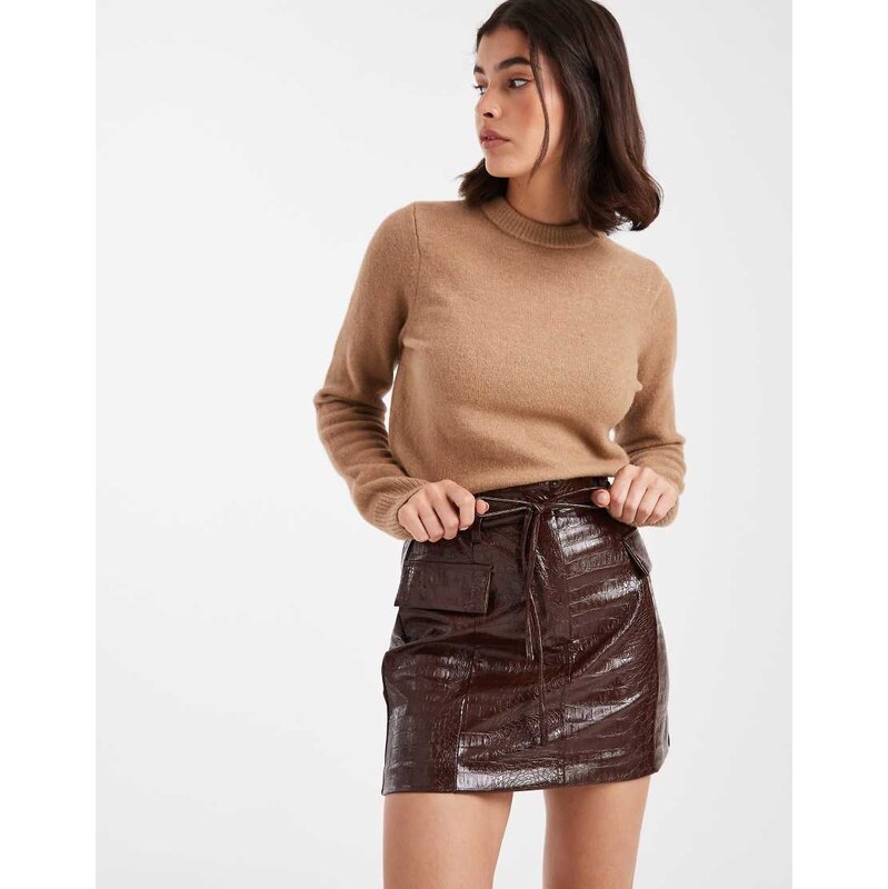 Miss Selfridge utility mini skirt in croc-Brown