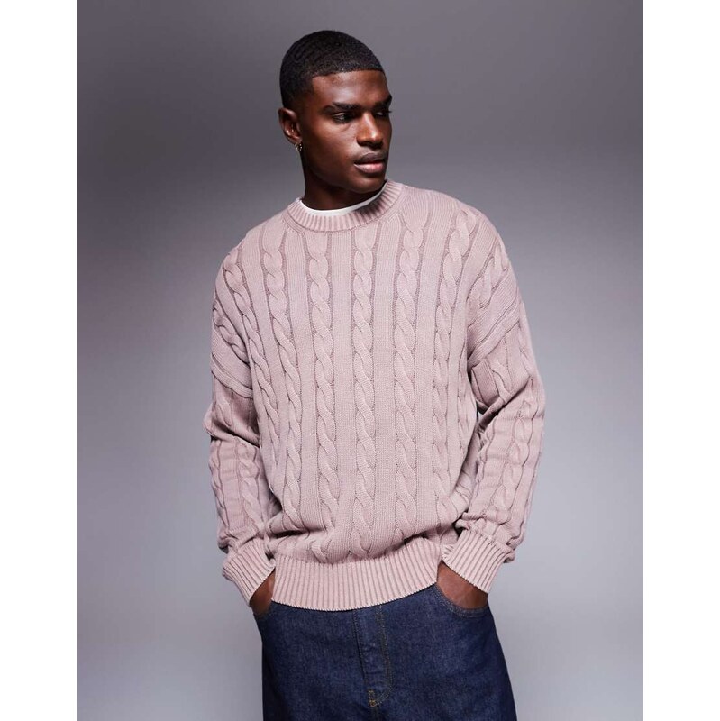 ASOS DESIGN oversized cable knitted jumper in washed pink