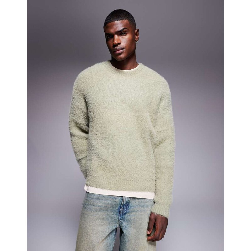ASOS DESIGN relaxed fluffy knitted crew neck jumper in sage