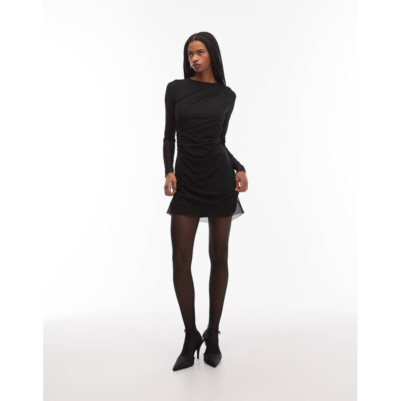 & Other Stories long sleeve mini mesh dress with drape detail in black 109149377