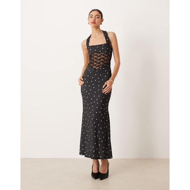 ASOS DESIGN printed halter neck maxi dress with lace insert in polka 115743843