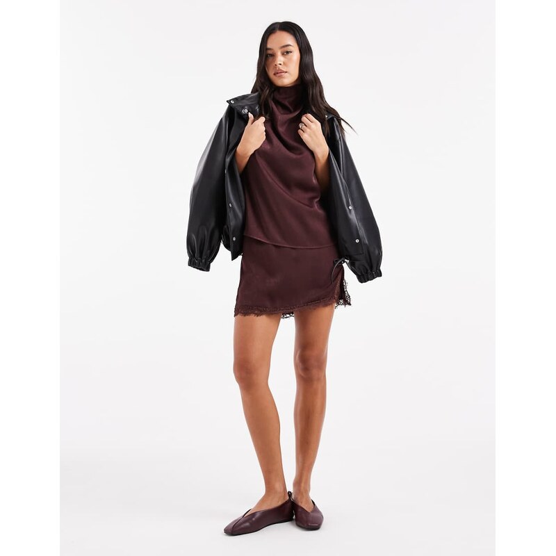 ASOS DESIGN satin split front lace trim mini skirt-No colour