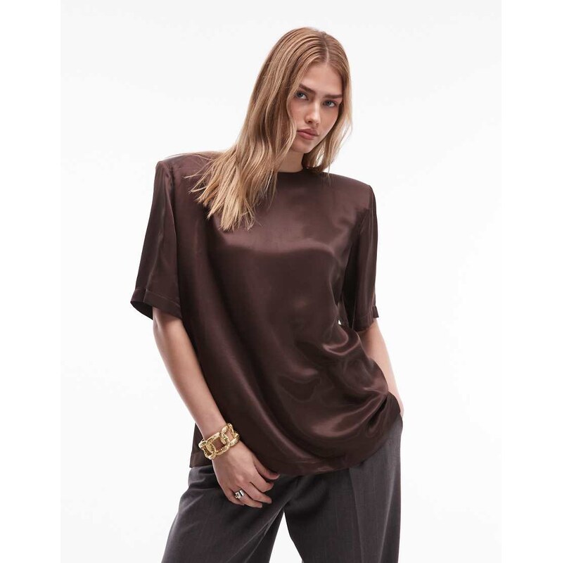 ASOS DESIGN satin shoulder pad t shirt in chocolate-Brown 109149488