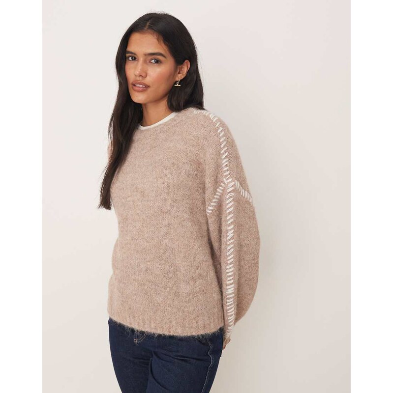 JDY knitted jumper with stitch detail in beige-Neutral