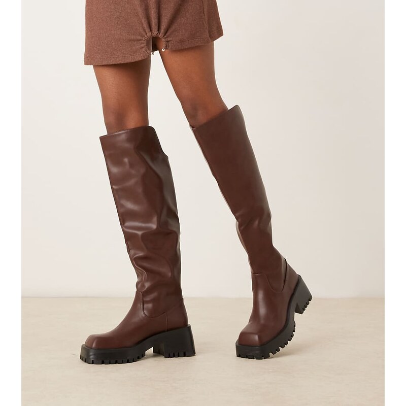 RAID Wide Fit Maureen knee boots with buckle detail in brown 115512395