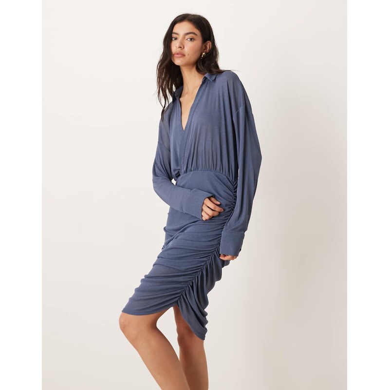 ASOS DESIGN collared ruched wrap mini dress in denim blue-No