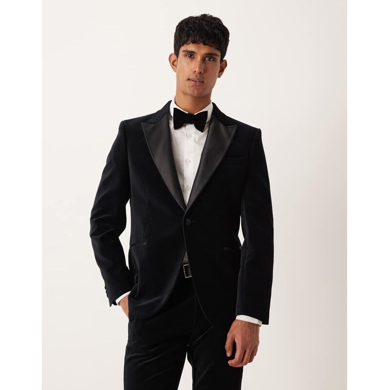 ASOS DESIGN smart slim suit tuxedo jacket in black cotton velvet