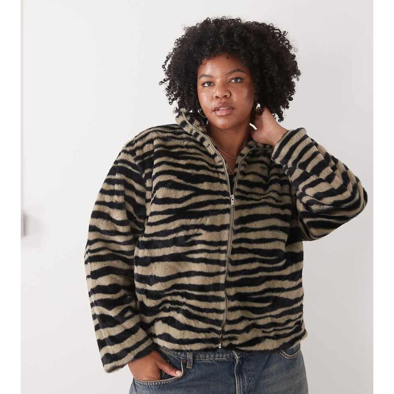 Noisy May Curve funnel neck faux fur jacket in grey zebra 109173290