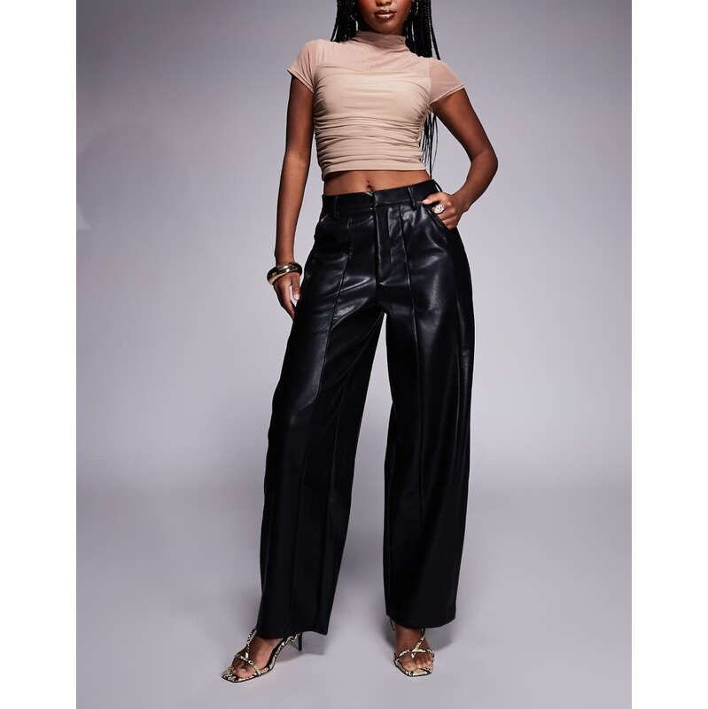 ASOS DESIGN leather look seam detail barrel leg trouser in black 109620427