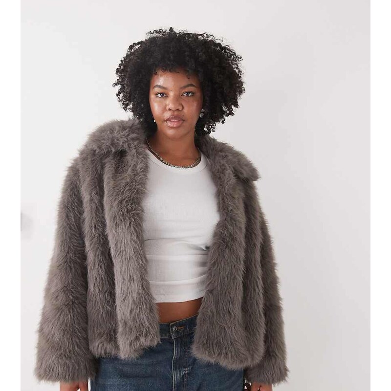 Noisy May Curve faux fur jacket in grey-Black 109173213