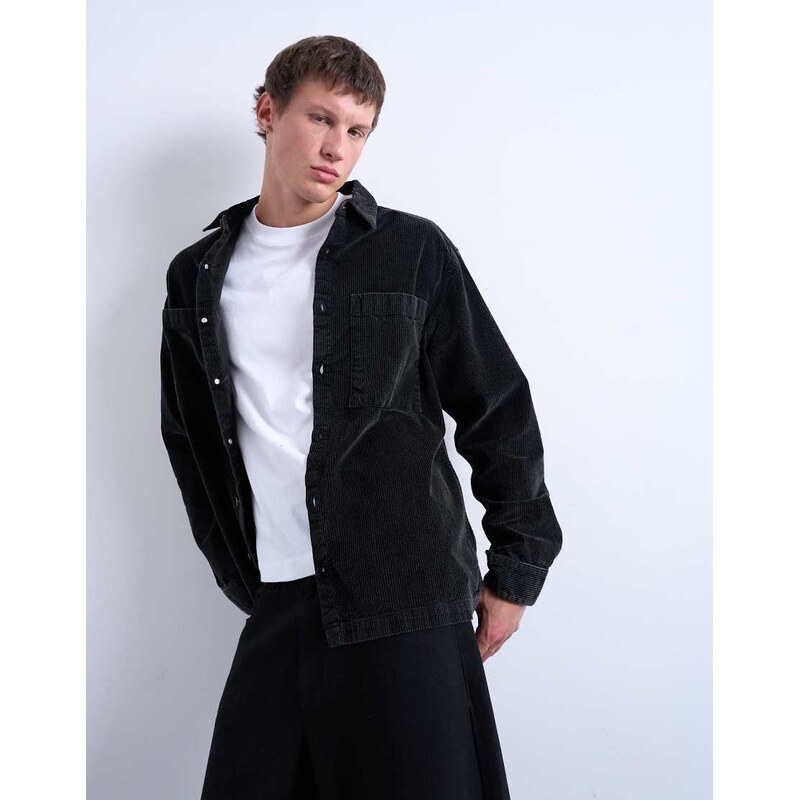 Topman washed cord overshirt in black
