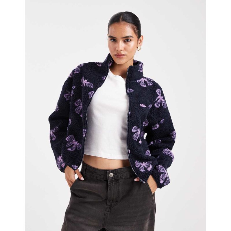 Brave Soul bow print full zip fleece in navy and purple 109173014
