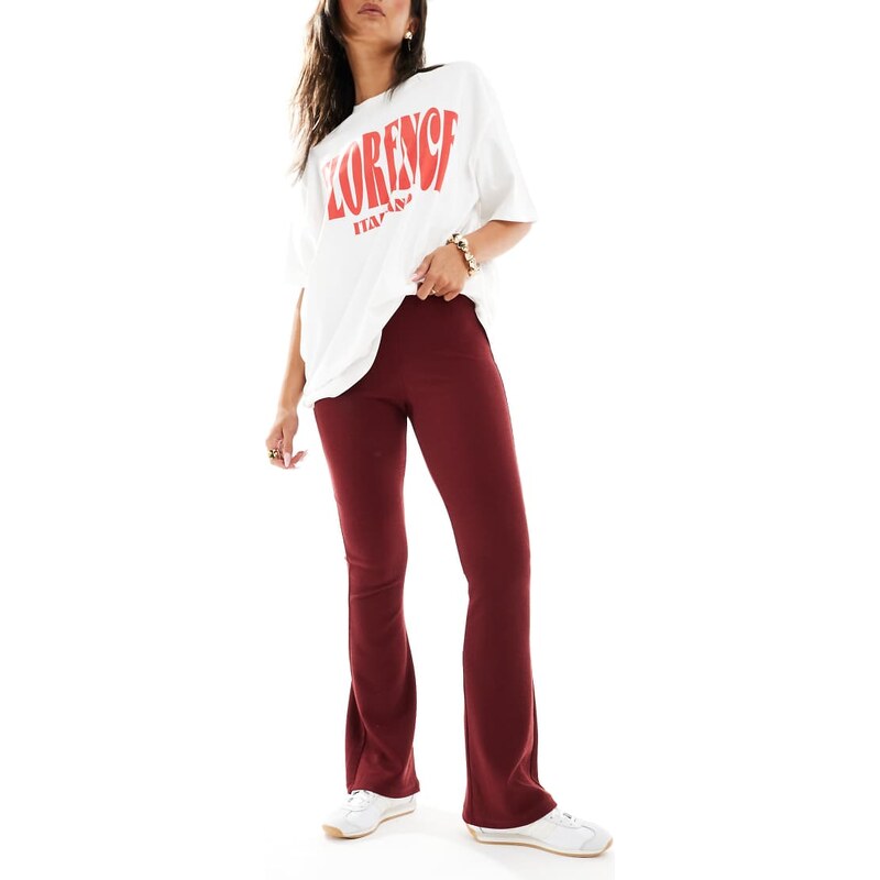 ASOS DESIGN heavyweight rib flare trouser in burgundy-Red