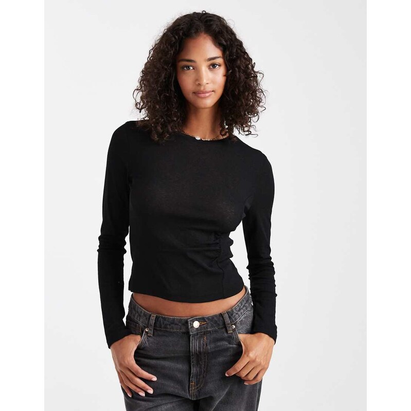 ASOS DESIGN textured mesh long sleeve top with side ruching detail in 115535447