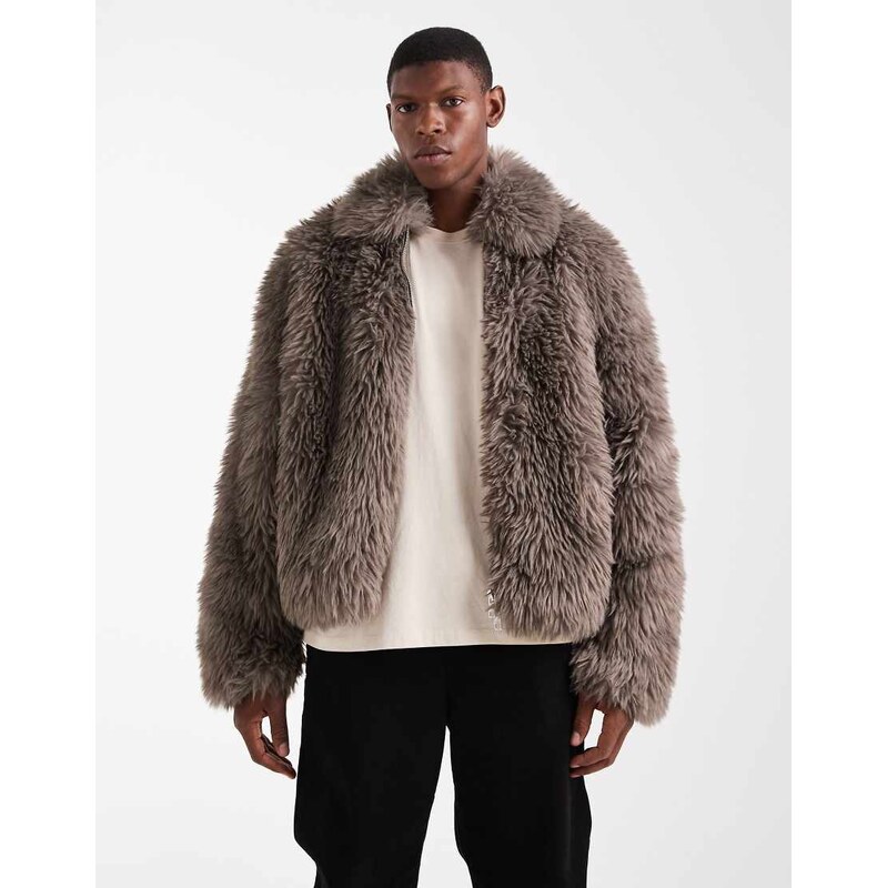 ASOS DESIGN faux fur harrington jacket in brown