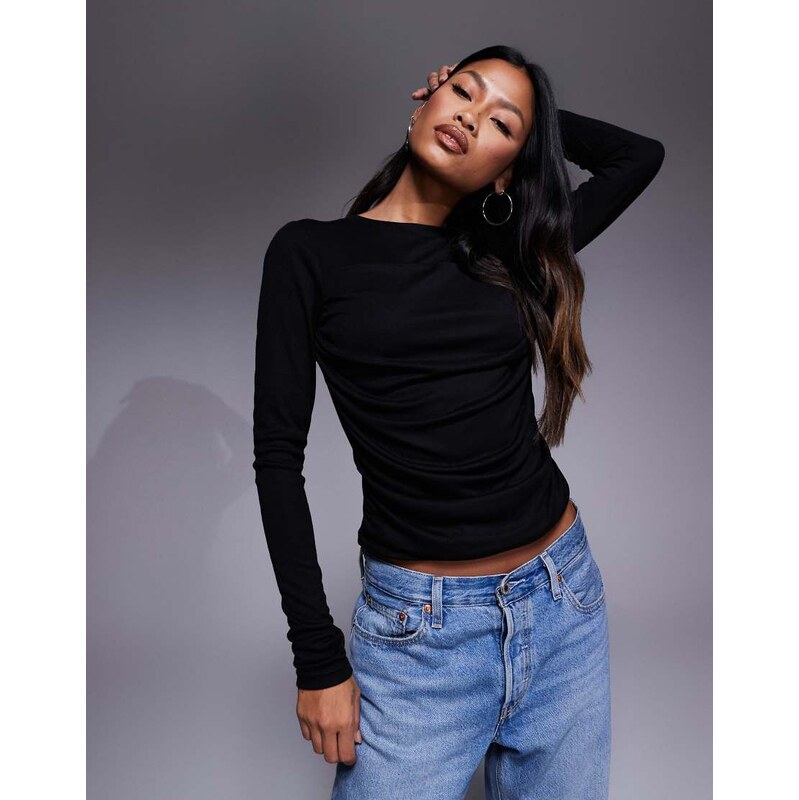 ASOS DESIGN soft jersey drape long sleeve top in black