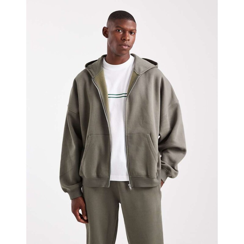 ASOS DESIGN essentials extreme oversized zip through hoodie in khaki-Green