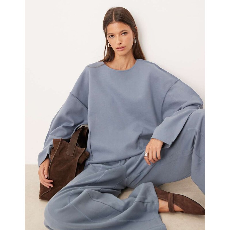 ASOS DESIGN interlock boat neck sweat with seam detail in blue