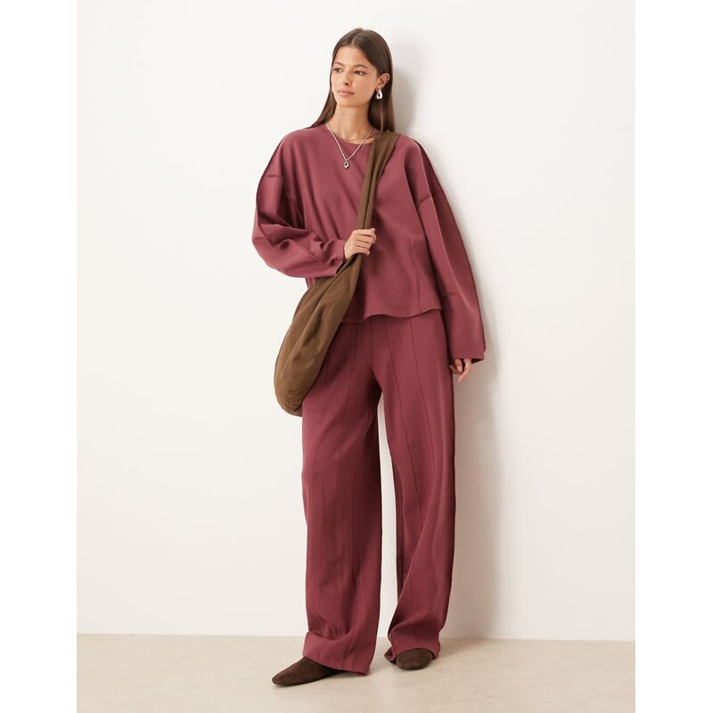ASOS DESIGN interlock super wide leg jogger with seam detail in dark rose-Purple