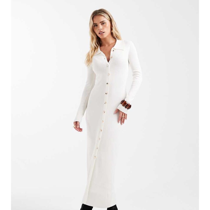 4th & Reckless Petite fine ribbed knit button through collar detail 109457685