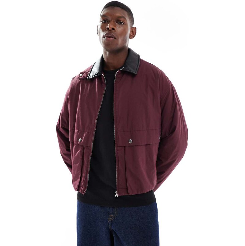ASOS DESIGN harrington jacket with faux leather collar in