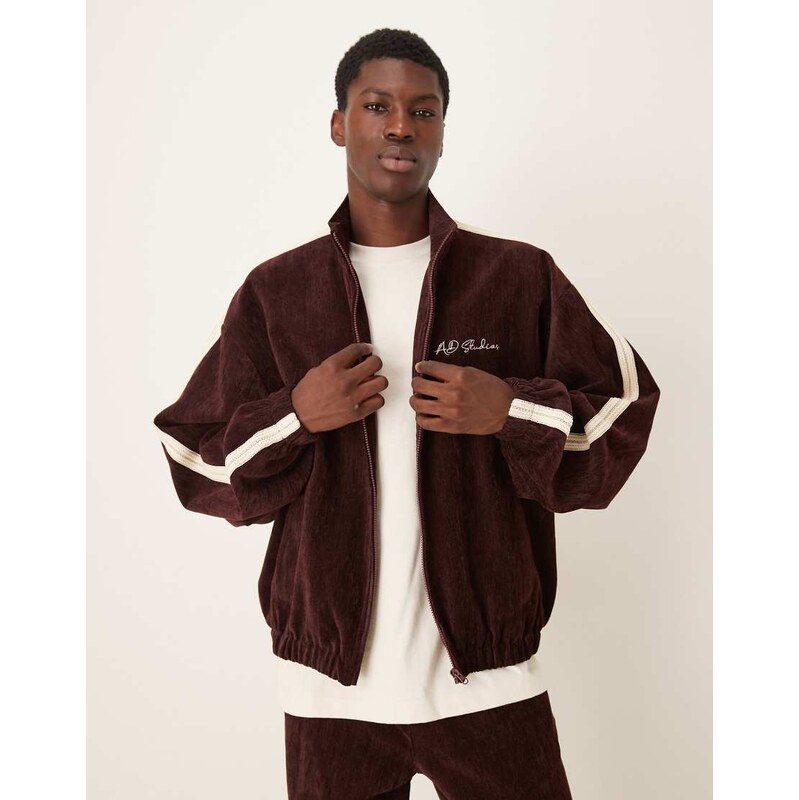ASOS DESIGN cord track jacket with embroidery in burgundy-Red
