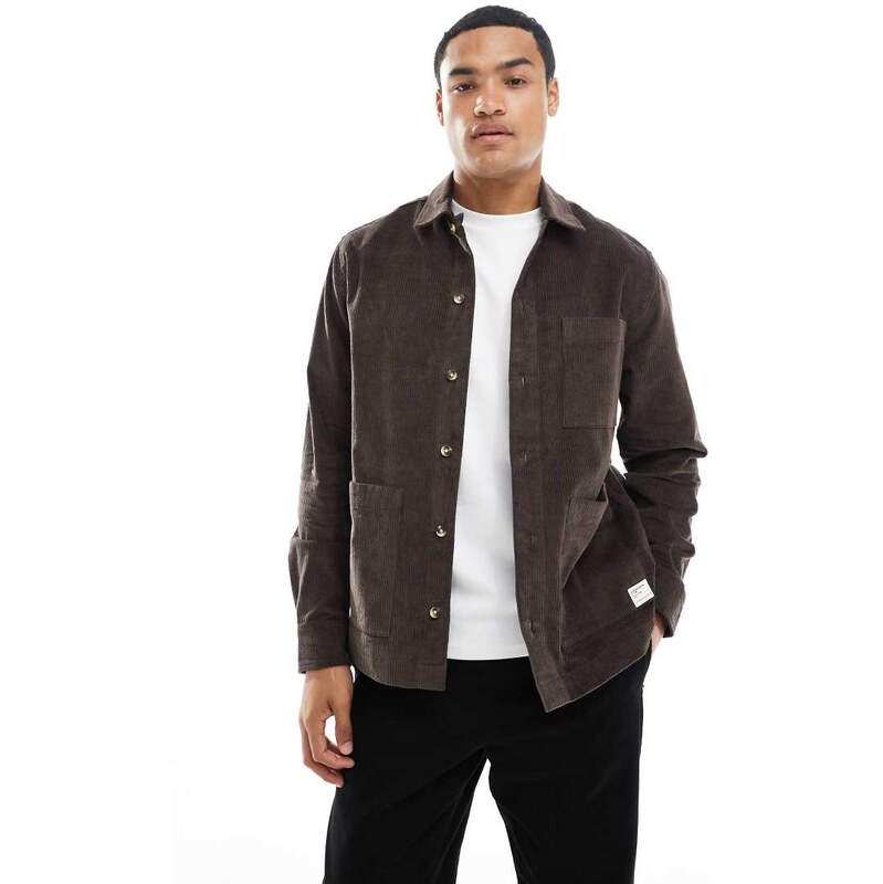 ASOS DESIGN cord overshirt with badge detail in deep brown