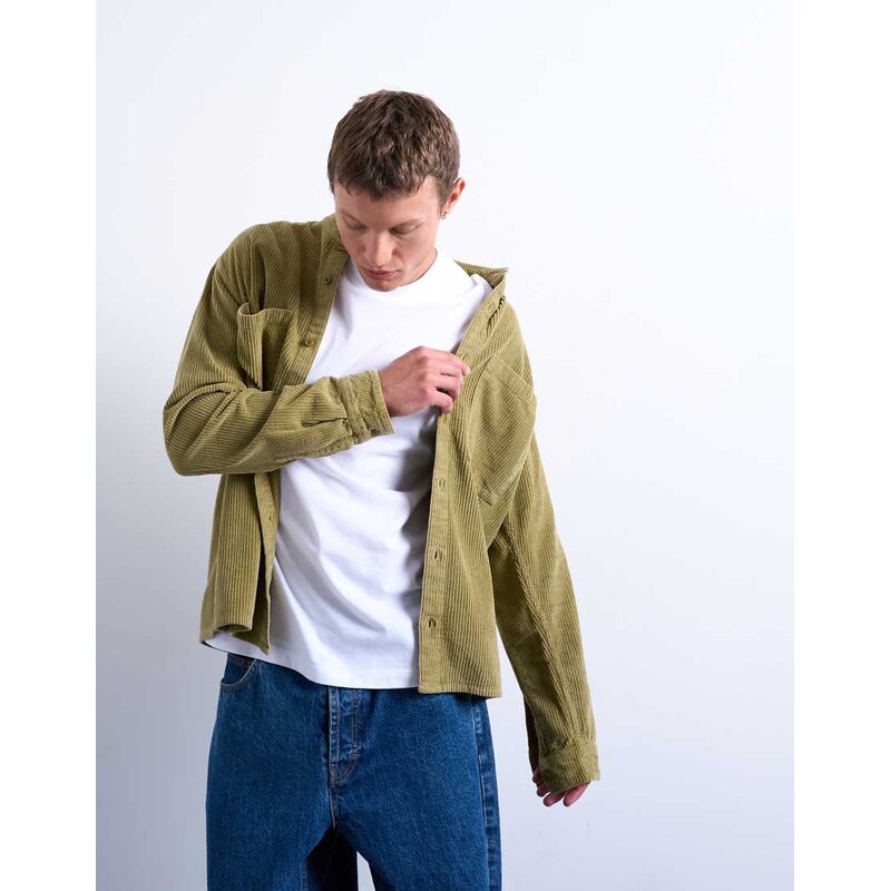 Topman regular fit cord shirt in washed green