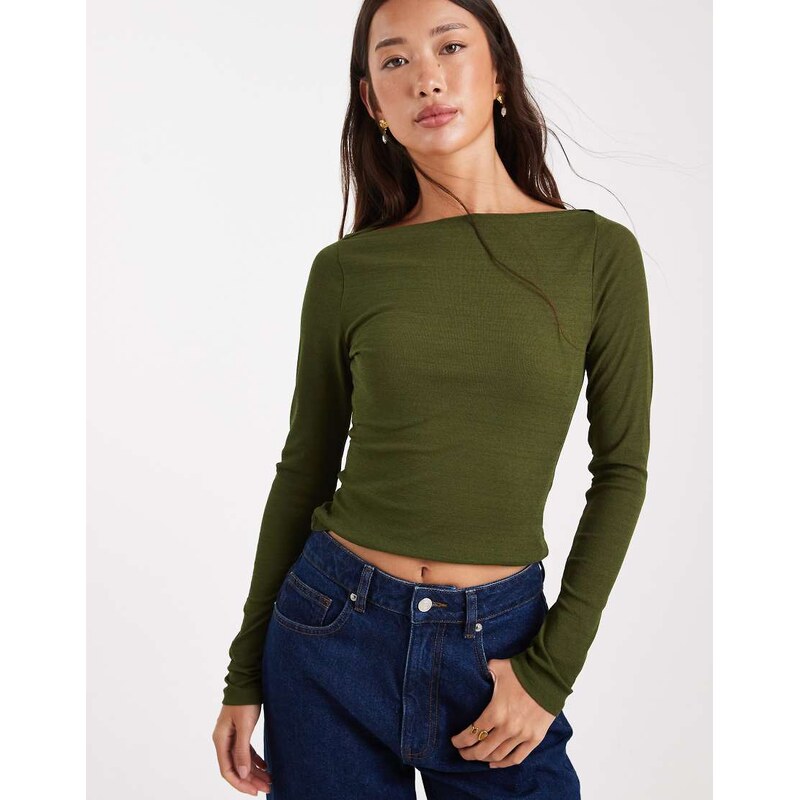ASOS DESIGN textured mesh slash neck long sleeve top in dark
