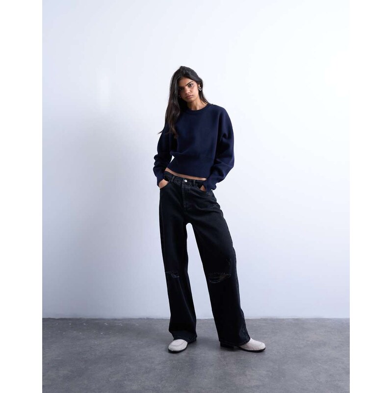 Topshop Column mid rise jean with rip in washed black