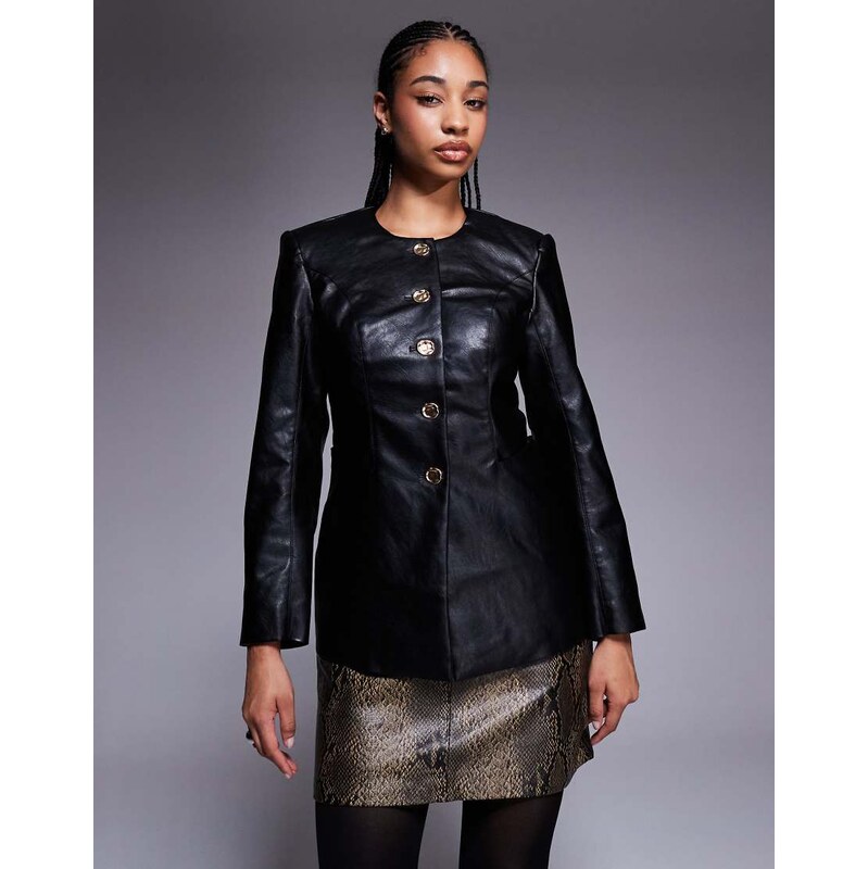 River Island faux leather collarless jacket with gold buttons in