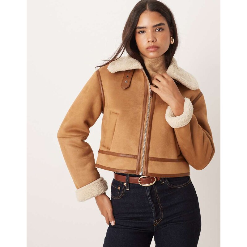 Abercrombie & Fitch vegan suede shearling short coat in brown 109187340