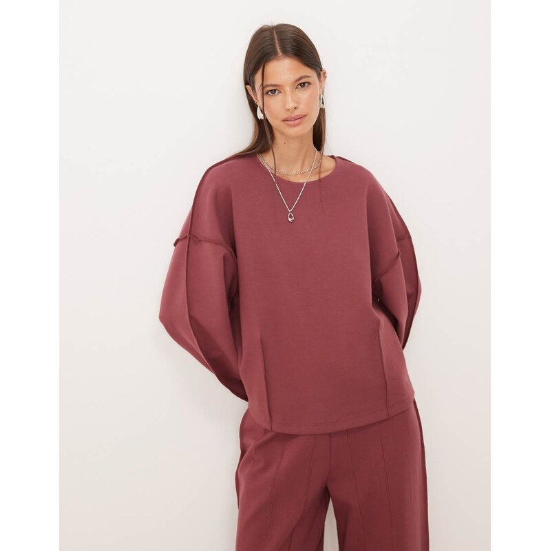 ASOS DESIGN interlock boat neck sweat with seam detail in dark rose 109186934