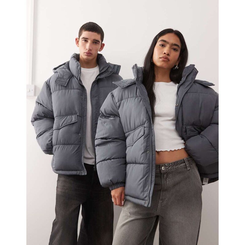 COLLUSION Unisex puffer jacket with hood in grey-Black