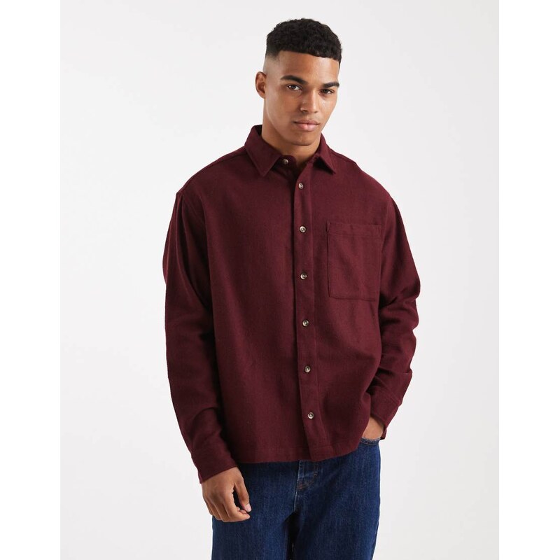 ASOS DESIGN oversized vintage look flannel shirt in burgundy-Red
