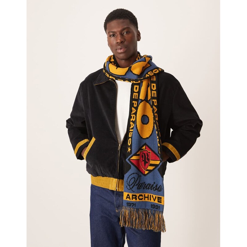 ASOS DESIGN knitted paraiso graphic football scarf-Black