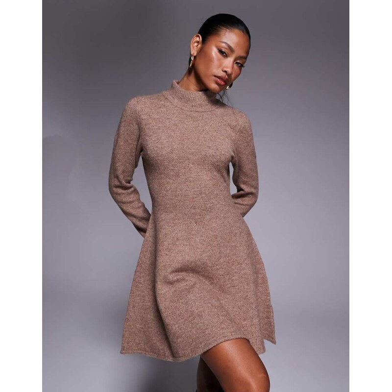 Kaiia exclusive knitted high neck skater mini dress in light brown 109436442