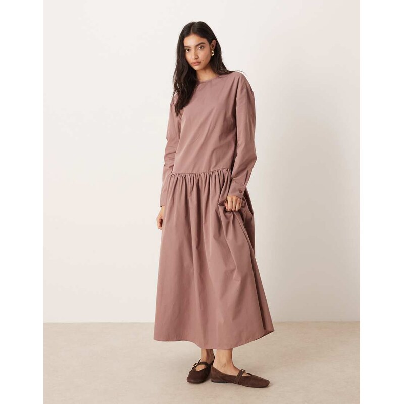 ASOS DESIGN cotton poplin dropped waist maxi smock dress deep taupe 110976003