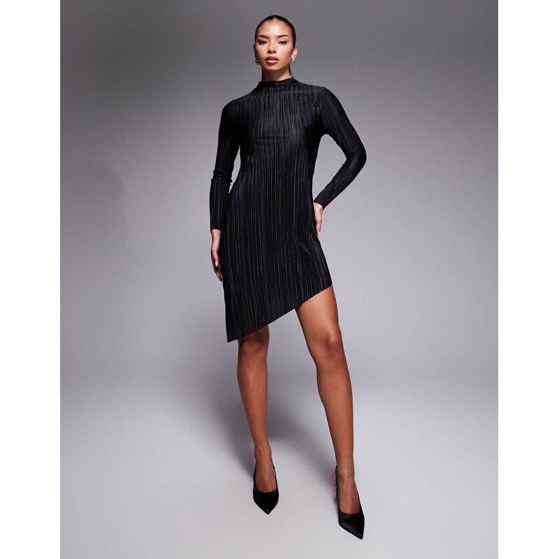 ASOS DESIGN plisse asymmetric hem mini dress in black
