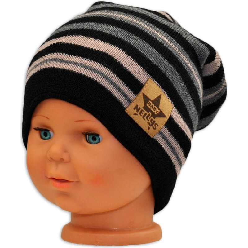 BABY NELLYS Jarní/podzimní proužkovaná čepice -černá/béžová/grafit 99890490