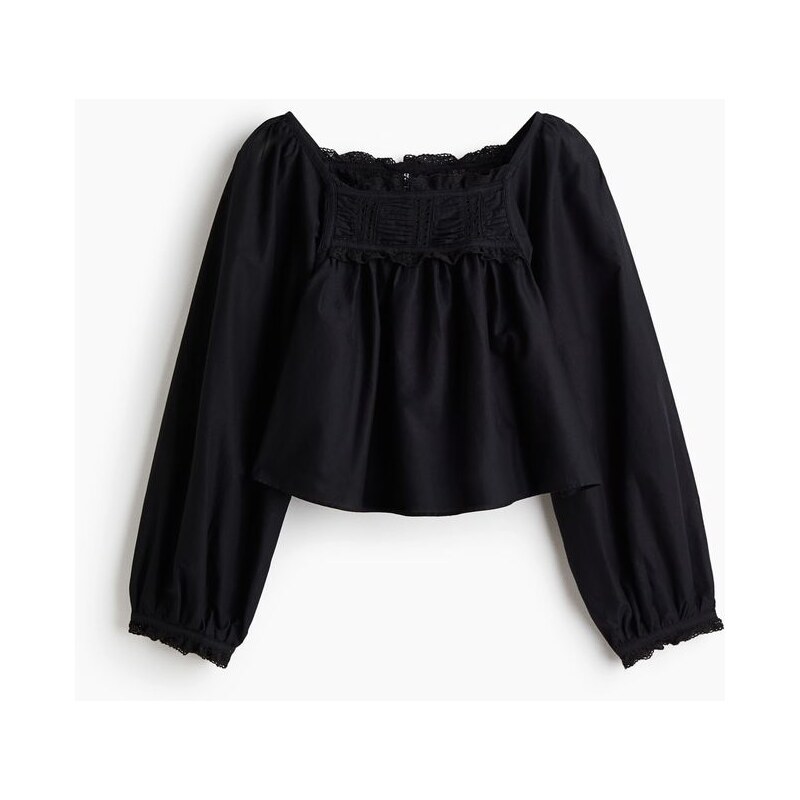 H&M - Bavlněná halenkas krajkovými lemy - černá 109115947