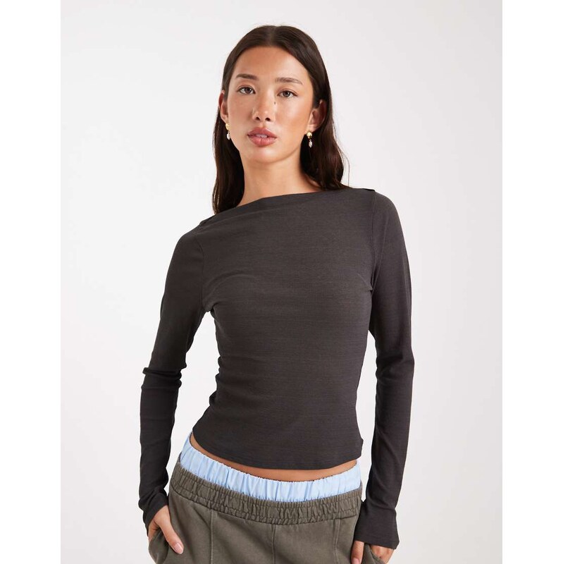 ASOS DESIGN textured mesh slash neck long sleeve top in charcoal