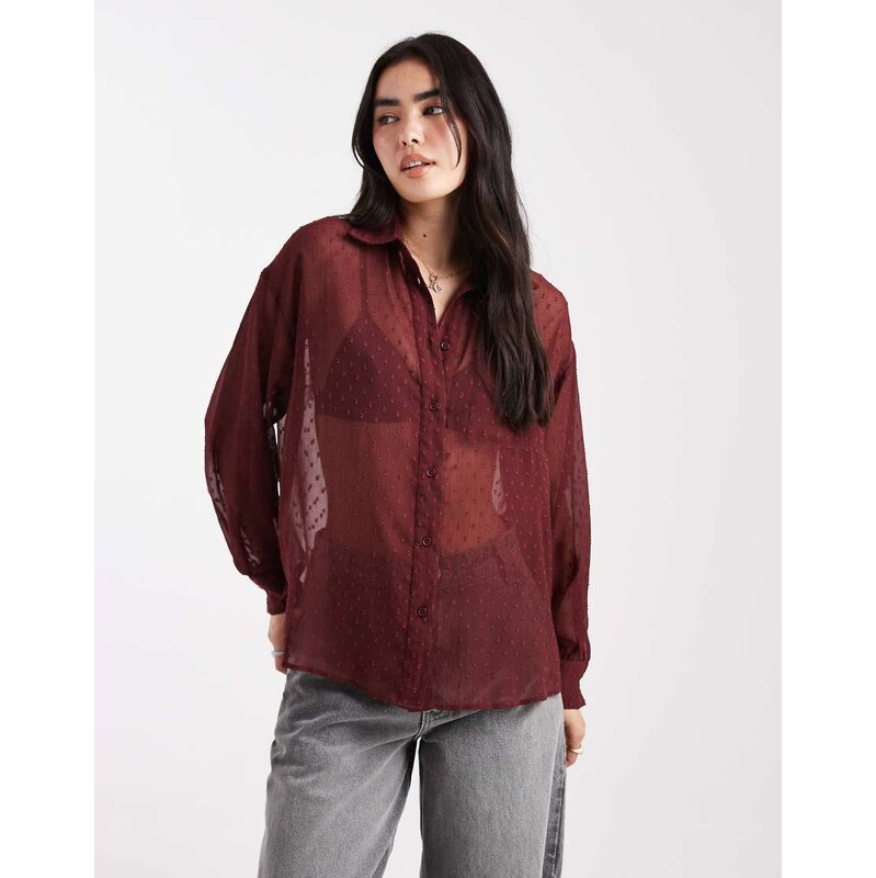 ASOS DESIGN sheer dobby detail shirt in burgundy-Red